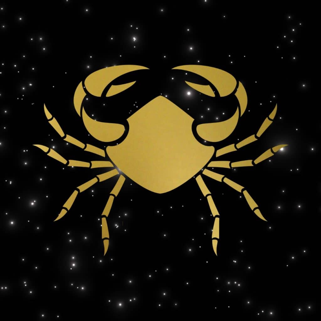 Graphic of a golden cancer on a night sky background.