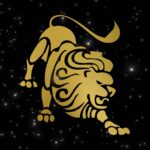 Graphic of a golden leo on a night sky background.