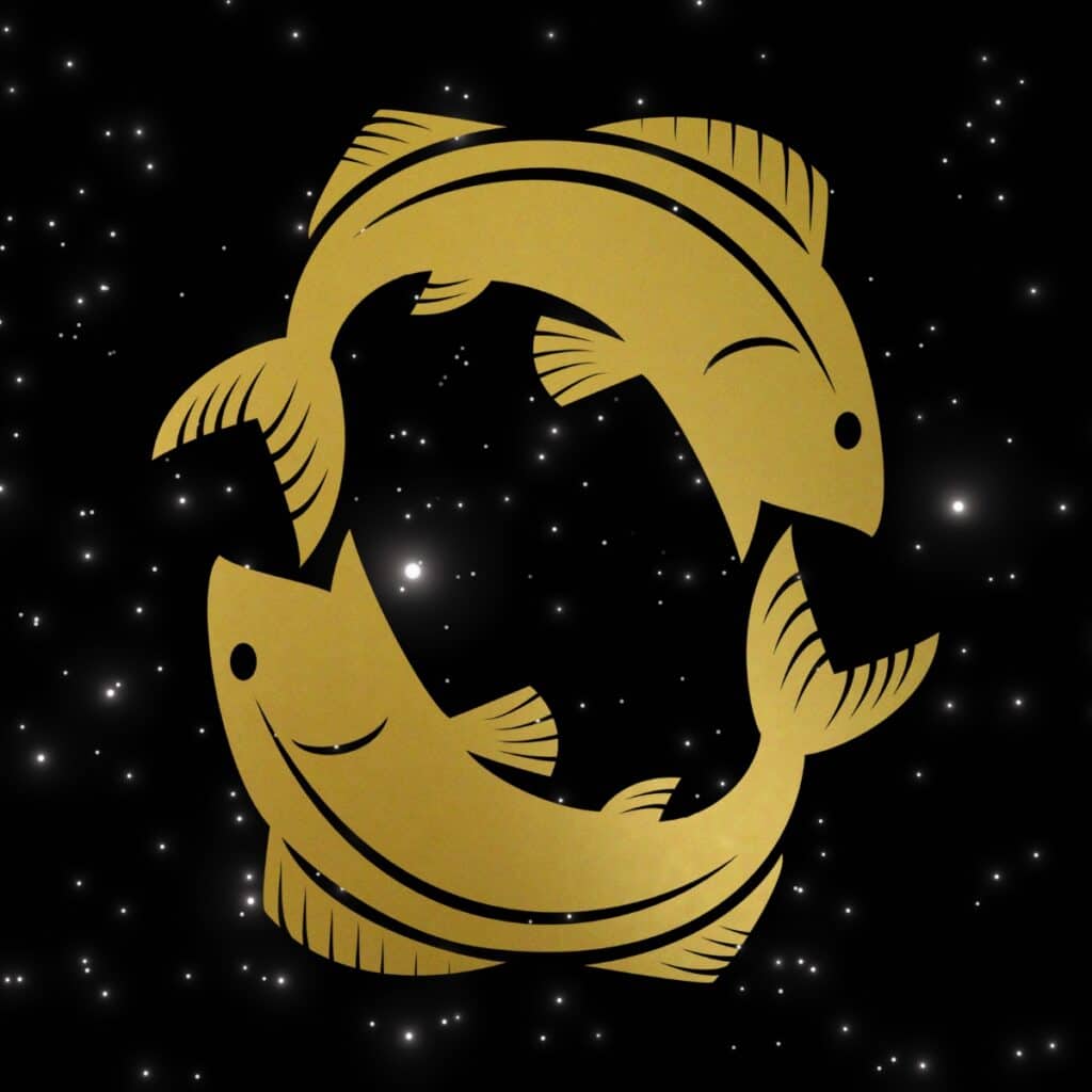 Graphic of a golden Pisces on a night sky background.