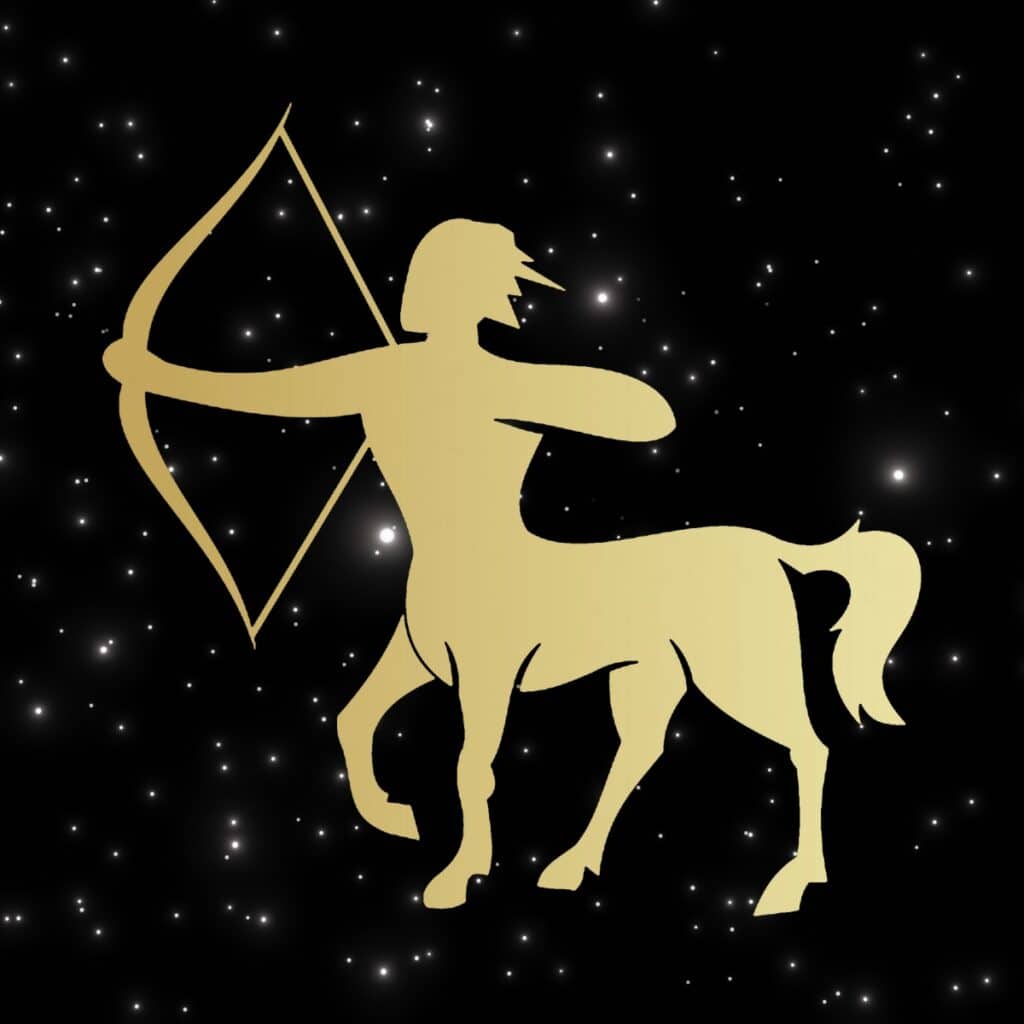 Graphic of a golden Sagittarius on a night sky background.