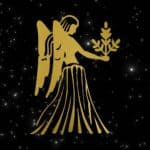 Graphic of a golden virgo on a night sky background.