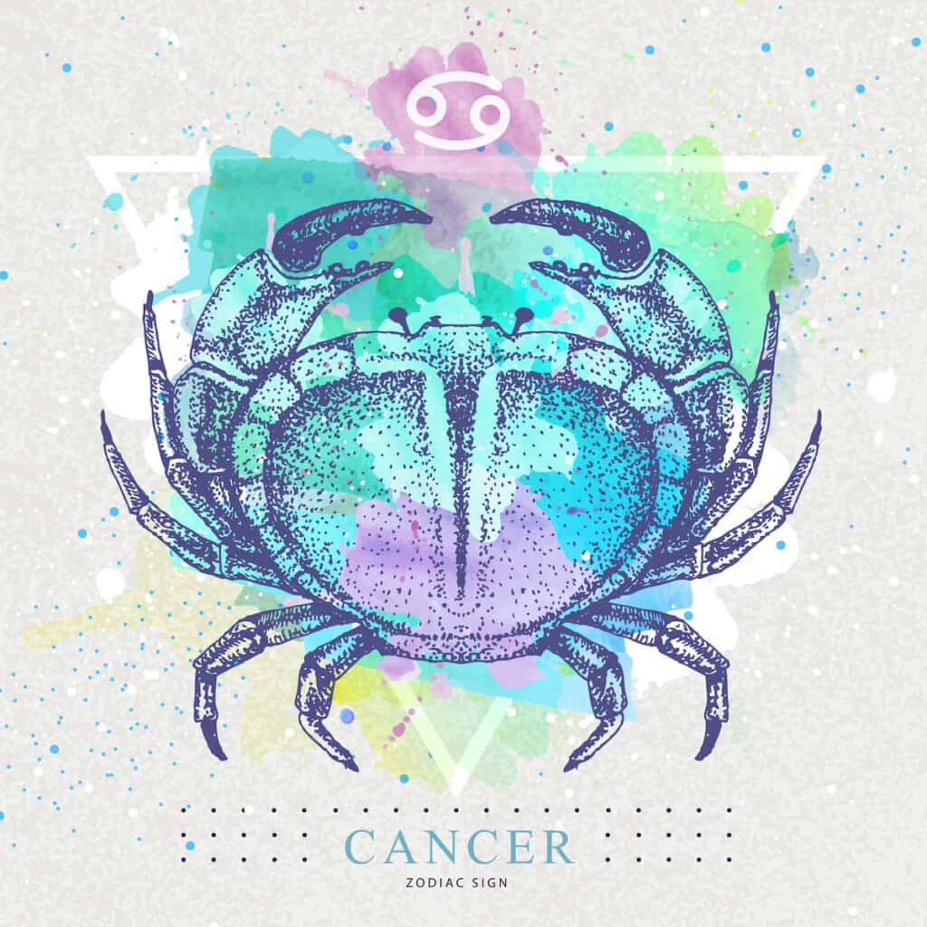 Modern magic witchcraft card with astrology Cancer zodiac sign on artistic watercolor background. Realistic hand drawing crab illustration.