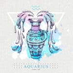 Modern magic witchcraft card with astrology Aquarius zodiac sign on artistic watercolor background. Realistic hand drawing water jug illustration.