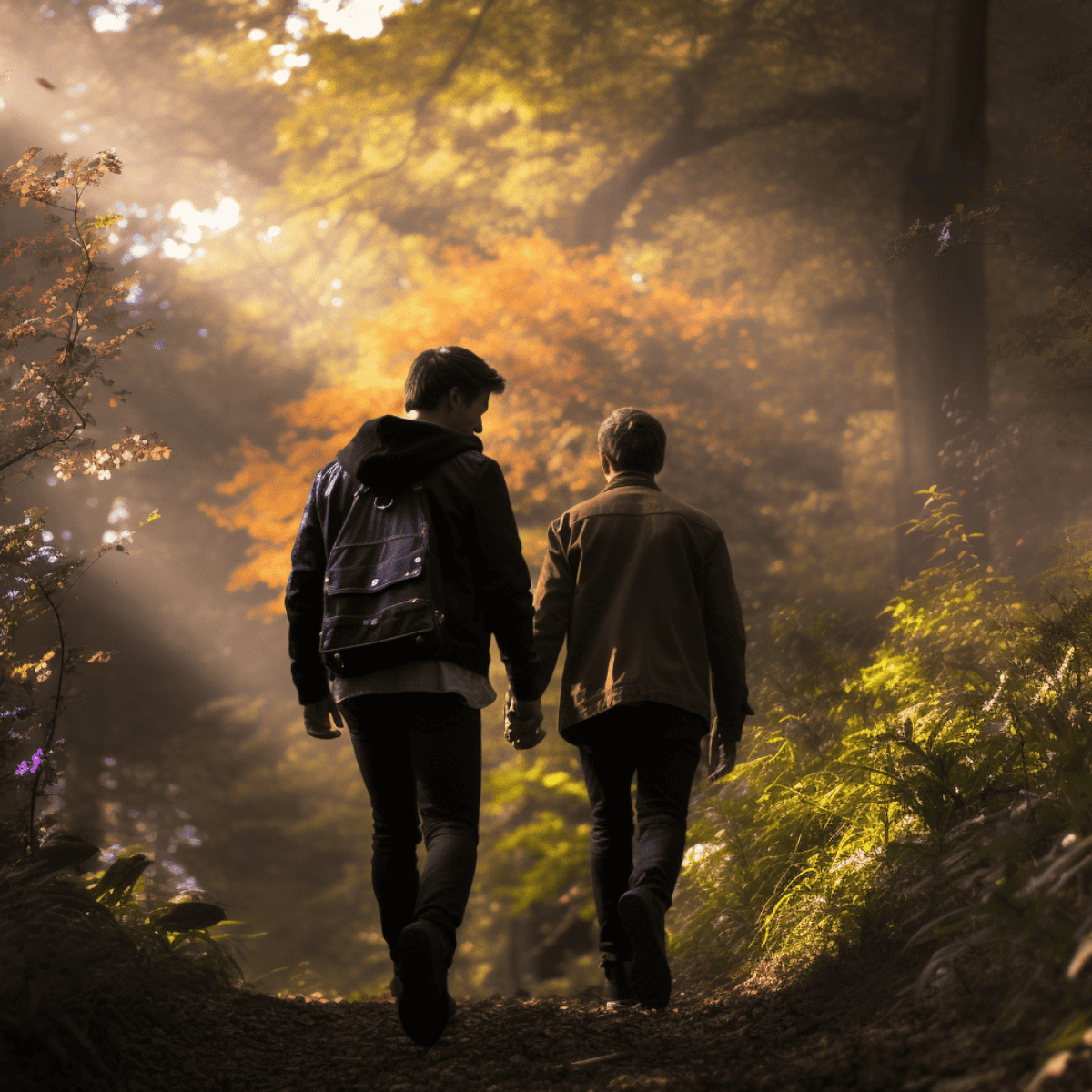 Couple hiking in forest.