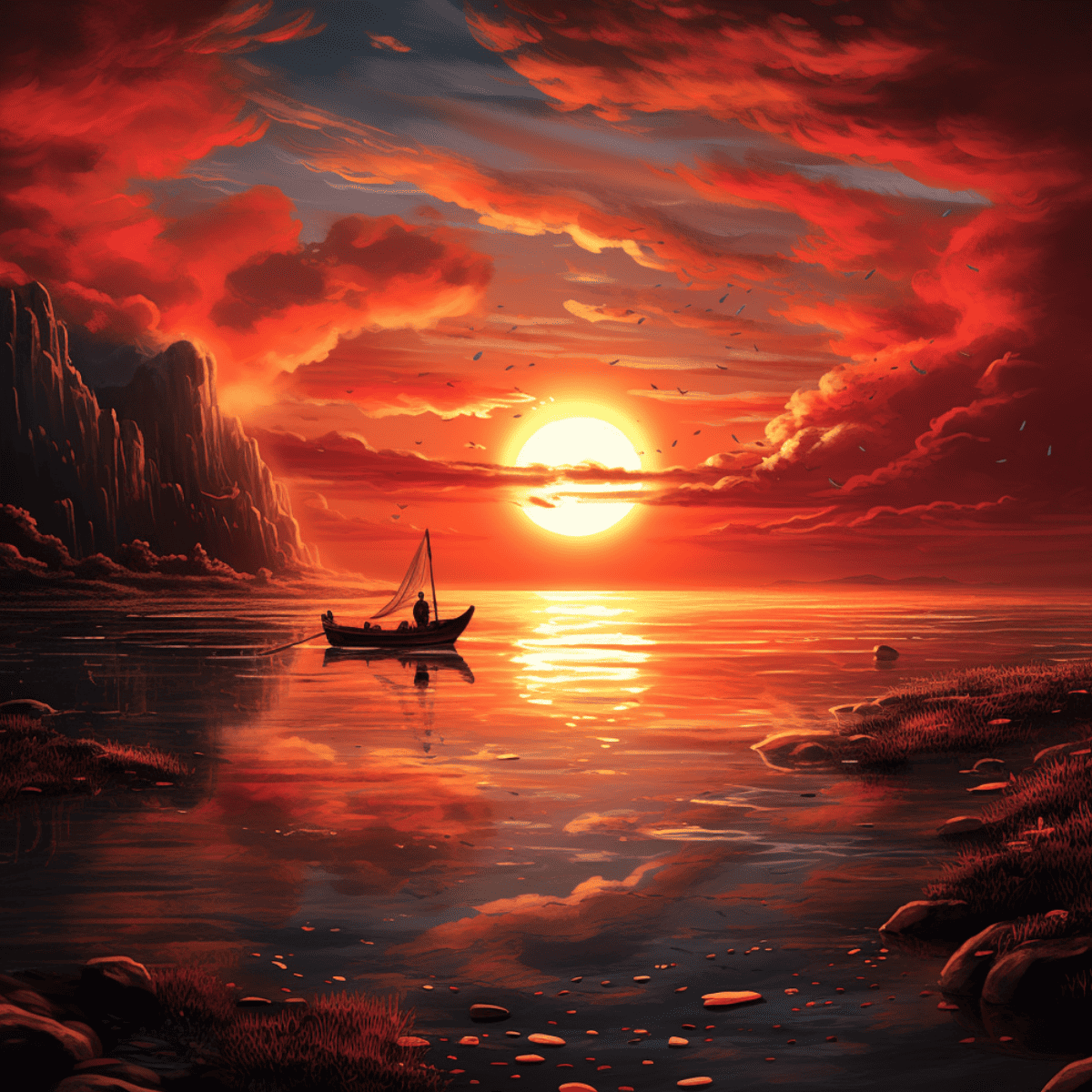 Imagine a boat against a red sky.