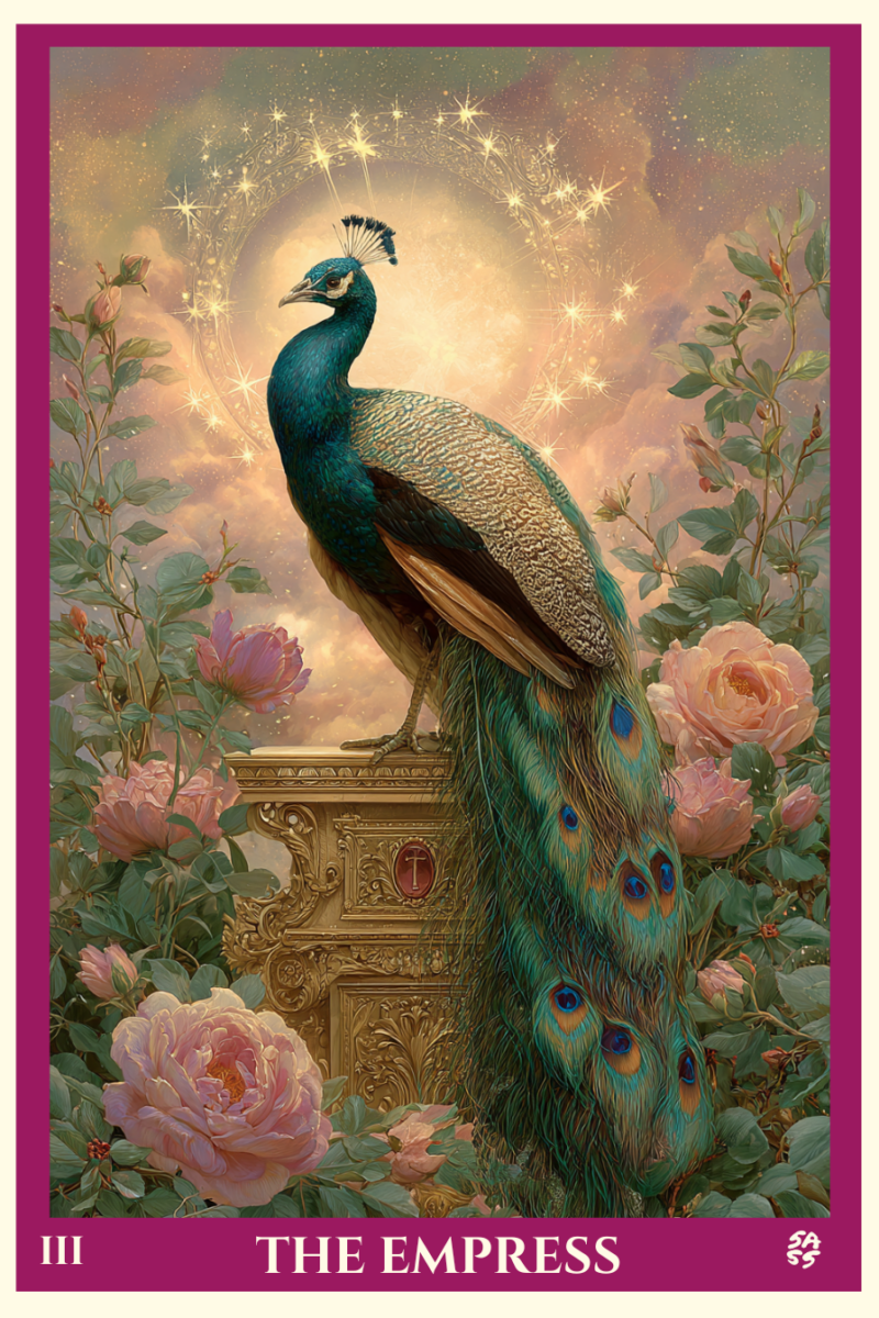 The Empress tarot card from the Citys Cith deck, illustrating a crowned woman in a verdant landscape with symbols of abundance.
