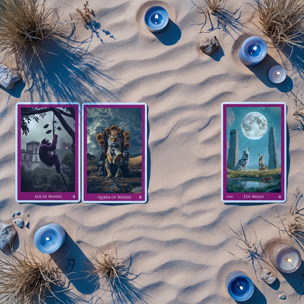Axis tarot spread with two touching cards and one card across a gap