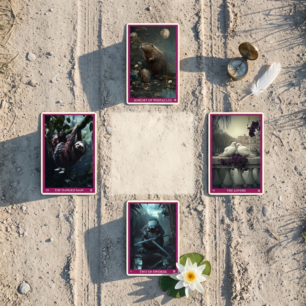 Four-card crossroads tarot spread laid at the compass points