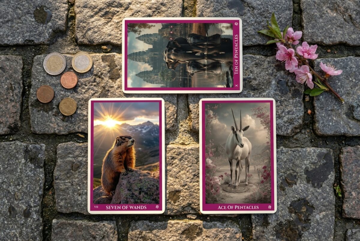 Doorway tarot spread with two upright cards and a sideways lintel card