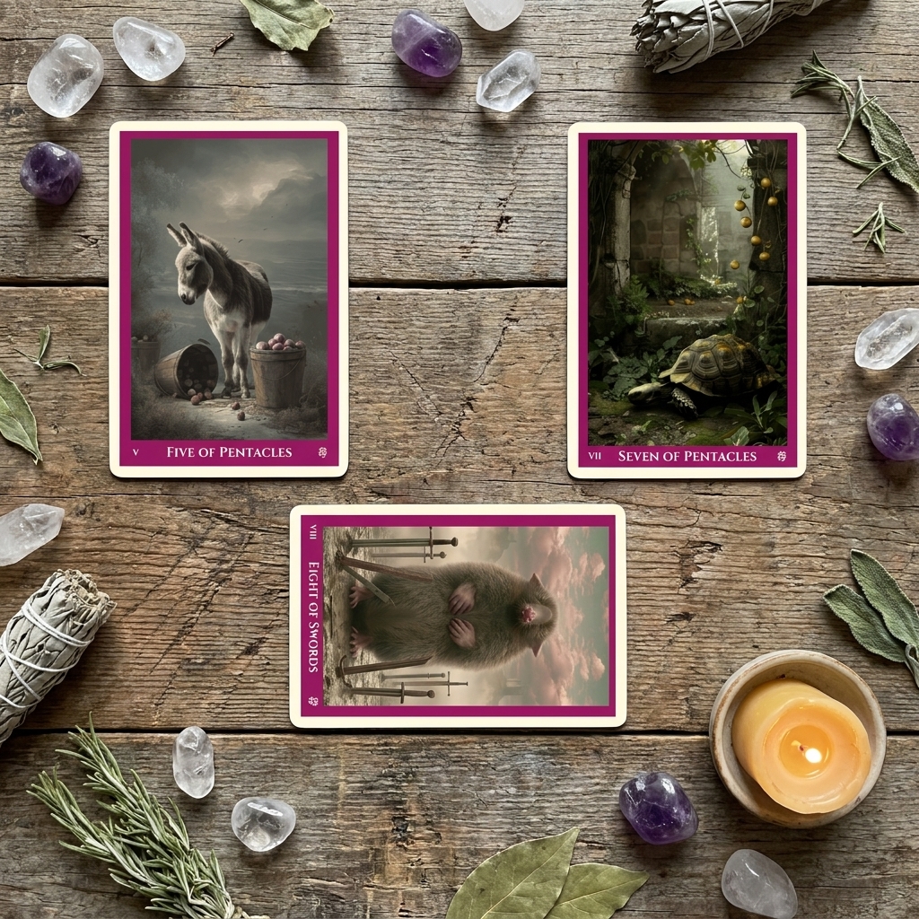 Hairpin tarot spread with three cards around a turn