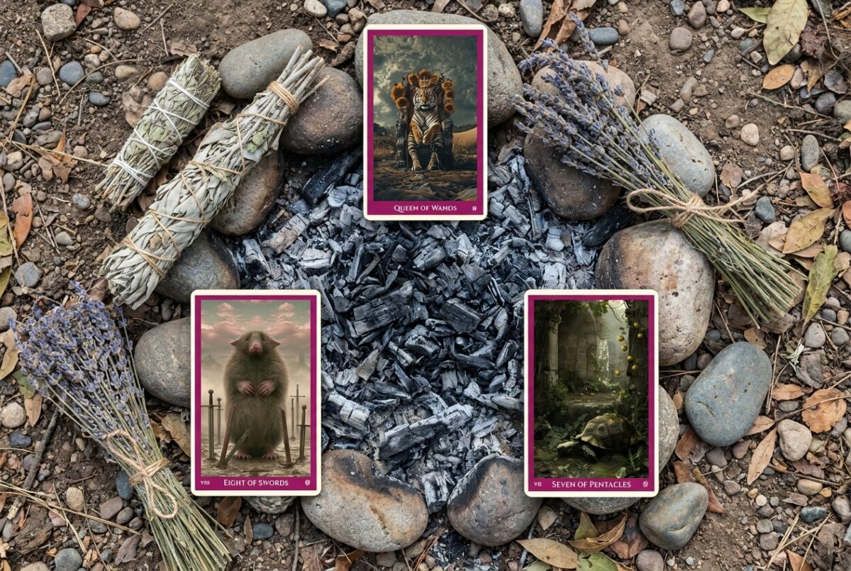 Triangle tarot spread with three cards around an empty center