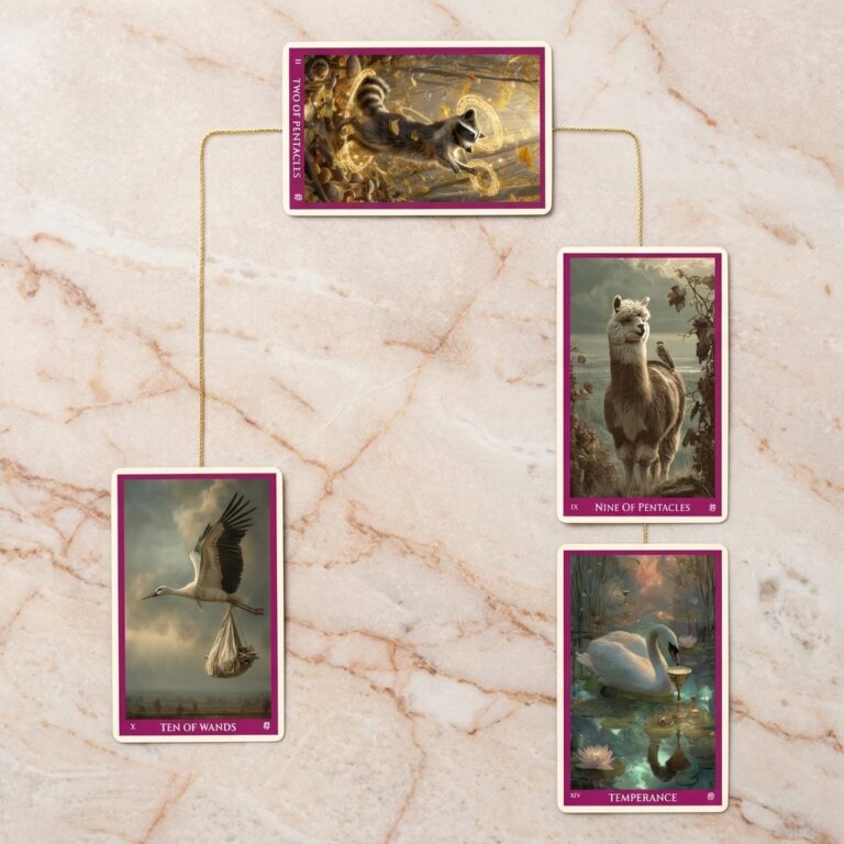 Tarot Tuesday scales spread: Two of Pentacles, Ten of Wands, Nine of Pentacles and Temperance laid out as an uneven scale