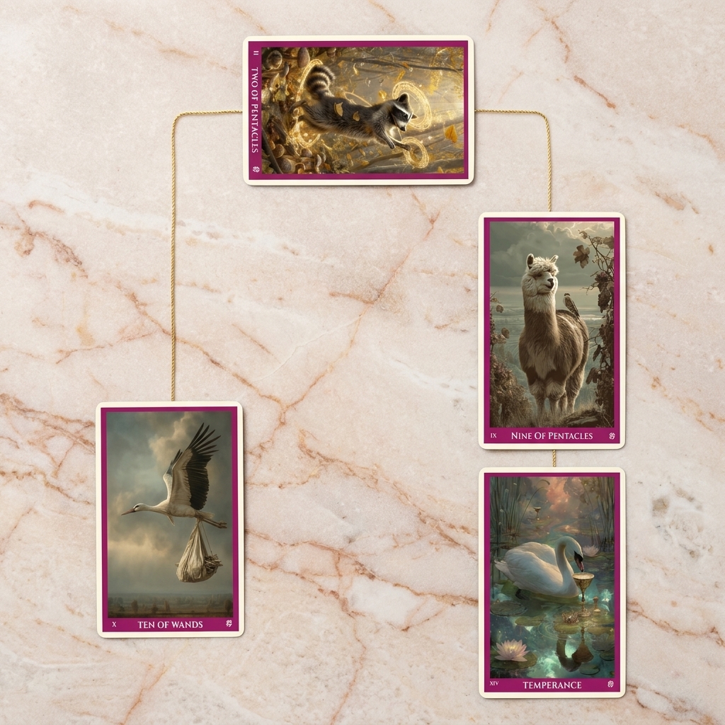 Tarot Tuesday scales spread: Two of Pentacles, Ten of Wands, Nine of Pentacles and Temperance laid out as an uneven scale