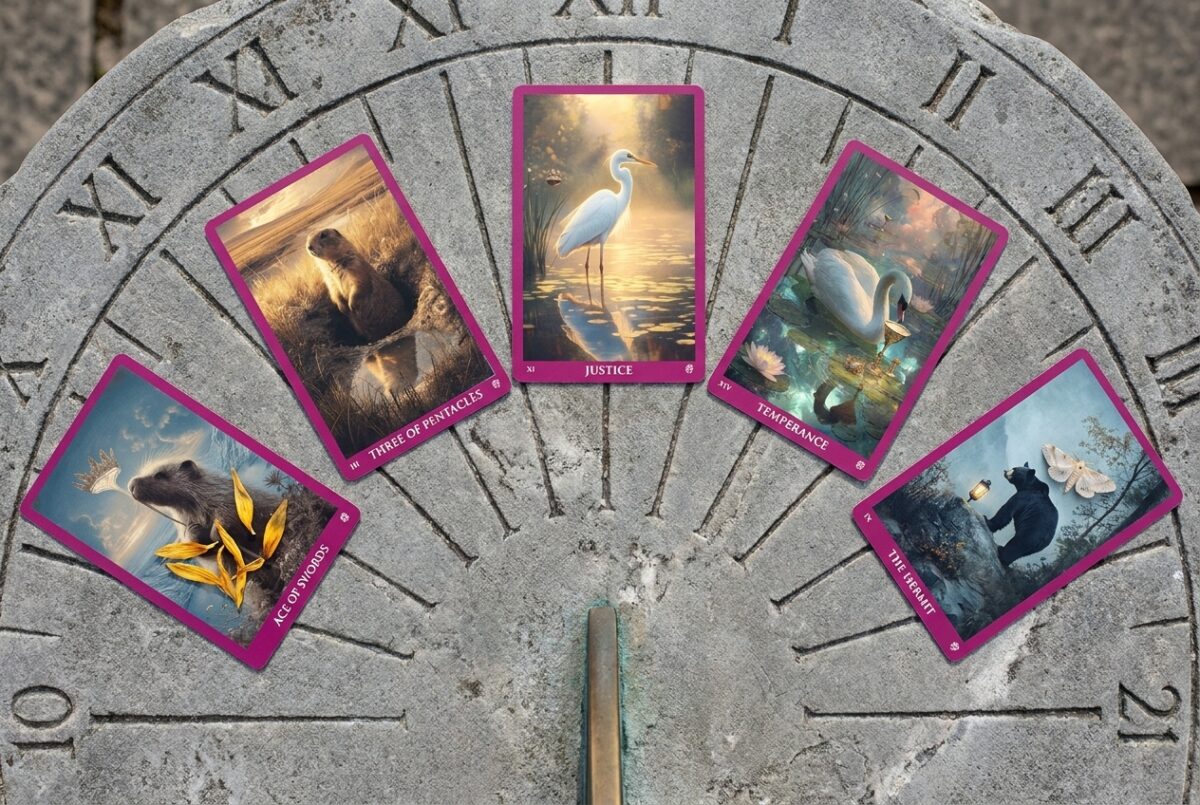Five-card sundial tarot spread laid in an arc
